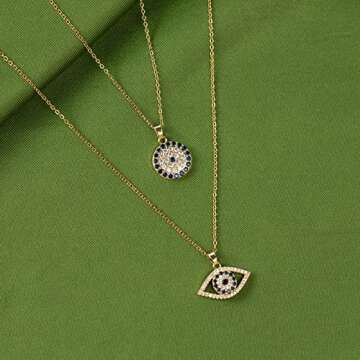 Evil Eye Necklace Layered Necklaces for Women, 2Pcs 18K Gold Plated Dainty Evil Eye Choker Pendant Necklace Handmade Evil Eye Jewelry Protection Gifts (gold)