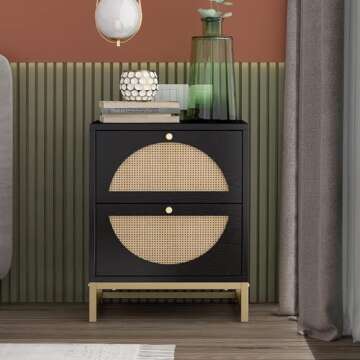 vistavie Rattan Nightstand with 2 Drawers, Wooden End Table Rattan Weaving Bedside Table Accent,Rust...