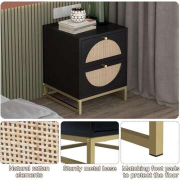 vistavie Rattan Nightstand with 2 Drawers, Wooden End Table Rattan Weaving Bedside Table Accent,Rustic Side Table Night Stand with Storage,for Living Room Bedroom (Black, Set of 2)