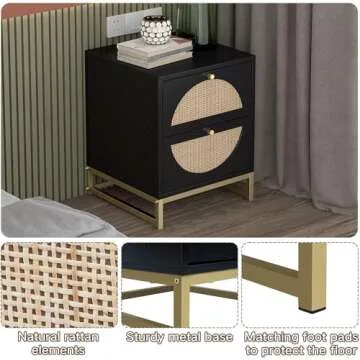 vistavie Rattan Nightstand with 2 Drawers, Wooden End Table Rattan Weaving Bedside Table Accent,Rustic Side Table Night Stand with Storage,for Living Room Bedroom (Black, Set of 2)