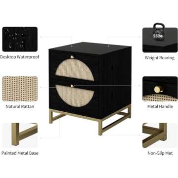 vistavie Rattan Nightstand with 2 Drawers, Wooden End Table Rattan Weaving Bedside Table Accent,Rustic Side Table Night Stand with Storage,for Living Room Bedroom (Black, Set of 2)