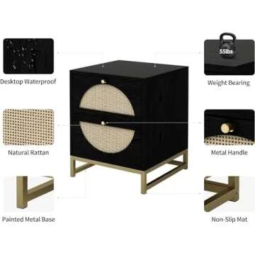 vistavie Rattan Nightstand with 2 Drawers, Wooden End Table Rattan Weaving Bedside Table Accent,Rustic Side Table Night Stand with Storage,for Living Room Bedroom (Black, Set of 2)