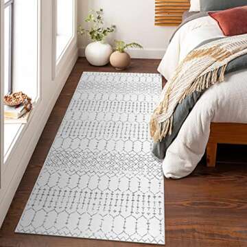 Lahome Moroccan Washable Runner Rug - 2x6 Non-Slip Throw Hallway Runner Rug Ultra-Thin Soft Kitchen Runner Laundry Room Rug White Print Distressed Carpet Runner for Entryway Bathroom Living Room