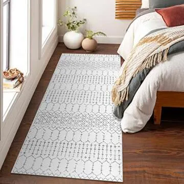 Lahome Moroccan Washable Runner Rug - 2x6 Non-Slip Throw Hallway Runner Rug Ultra-Thin Soft Kitchen Runner Laundry Room Rug White Print Distressed Carpet Runner for Entryway Bathroom Living Room