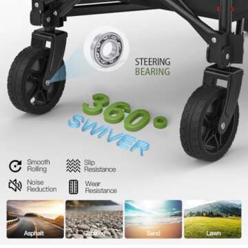 Collapsible Wagon, Folding Wagon Garden Cart Heavy Duty with Side Pocket and Terrain Wheels, Large Capacity Foldable Grocery Beach Wagon for Garden Sports Camping Shopping (Black)