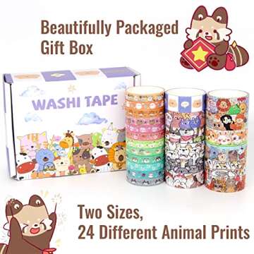 WAPETASHI Cute Washi Tape Set - 24 Rolls Kawaii Animals Gold Foil Decorative Masking Tape for Journa...