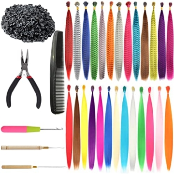 XIAO TAO ZI 13Pcs Synthetic Rainbow & Feather Hair Extensions Kit with Tools