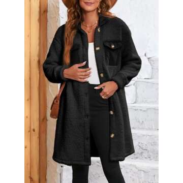 EVALESS Fuzzy Fleece Black Jackets for Women Fashion Button Down Lapel Long Teddy Coat Fall 2024 Con...