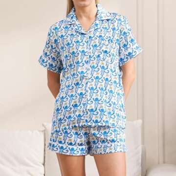 HINFEL Women Y2k Pajamas Set, Soft Silk Satin Short Sleeve Button Down Beach Top and Shorts Monkey S...