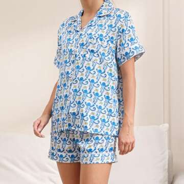 HINFEL Women Y2k Pajamas Set, Soft Silk Satin Short Sleeve Button Down Beach Top and Shorts Monkey Sleepwear Preppy Bridal Loungewear (Blue,Small)