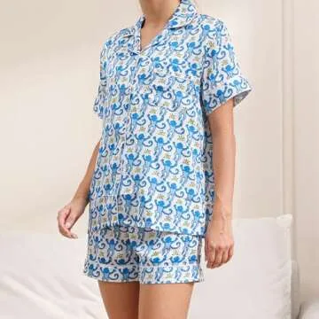 HINFEL Women Y2k Pajamas Set, Soft Silk Satin Short Sleeve Button Down Beach Top and Shorts Monkey Sleepwear Preppy Bridal Loungewear (Blue,Small)