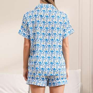 HINFEL Women Y2k Pajamas Set, Soft Silk Satin Short Sleeve Button Down Beach Top and Shorts Monkey Sleepwear Preppy Bridal Loungewear (Blue,Small)