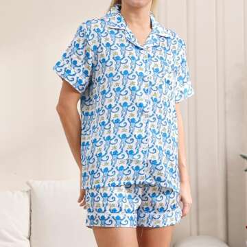 HINFEL Women Y2k Pajamas Set, Soft Silk Satin Short Sleeve Button Down Beach Top and Shorts Monkey Sleepwear Preppy Bridal Loungewear (Blue,Small)