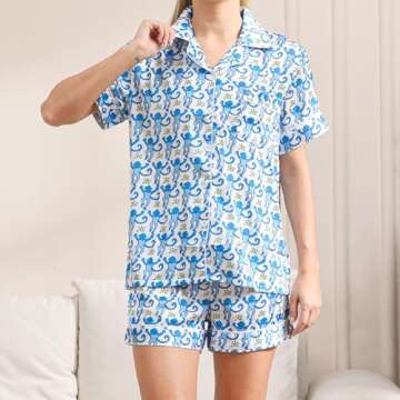 HINFEL Women Y2k Pajamas Set, Soft Silk Satin Short Sleeve Button Down Beach Top and Shorts Monkey Sleepwear Preppy Bridal Loungewear (Blue,Small)