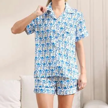 HINFEL Women Y2k Pajamas Set, Soft Silk Satin Short Sleeve Button Down Beach Top and Shorts Monkey Sleepwear Preppy Bridal Loungewear (Blue,Small)
