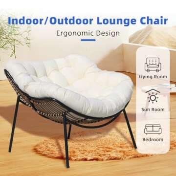 Outdoor Rattan Papasan Chair, Wicker Patio Chair with Thick Cushion,Oversized Lounge Chairs for Balcony Porch Garden Yard (3 PCS, White)