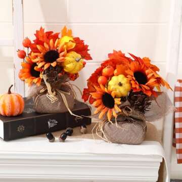 FestalMart Fall Decor - Fall Decorations for Home-2PCS Artificial Pumpkin Sunflower and Maple Leaf Berry Pine Cone Bouquet for Thanksgiving Harvest Autumn Tabletop Home Kitchen Decor