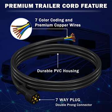 CheeMuii 7 Way Trailer Cord Heavy Duty 8 FT Trailer Wiring Harness Kit 7 Pin Trailer Plug Inline Wire Harness Cable for Trailers RVs Campers