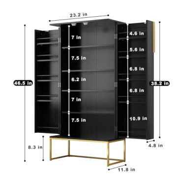 ARTPOWER 46" Black Pantry Cabinets, Food Pantry Storage Cabinet with Adjustable Shelves，Large Storage Space for Kitchen，Black and Gold