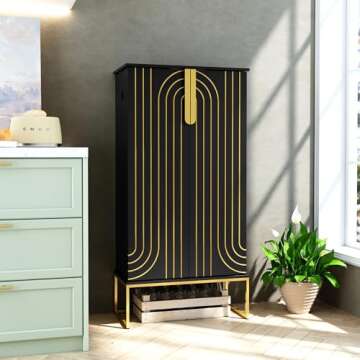 ARTPOWER 46" Black Pantry Cabinets, Food Pantry Storage Cabinet with Adjustable Shelves，Large Storage Space for Kitchen，Black and Gold