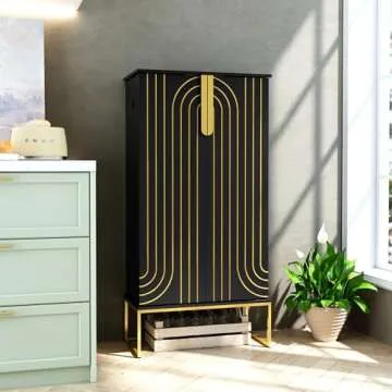 ARTPOWER 46" Black Pantry Cabinets, Food Pantry Storage Cabinet with Adjustable Shelves，Large Storage Space for Kitchen，Black and Gold