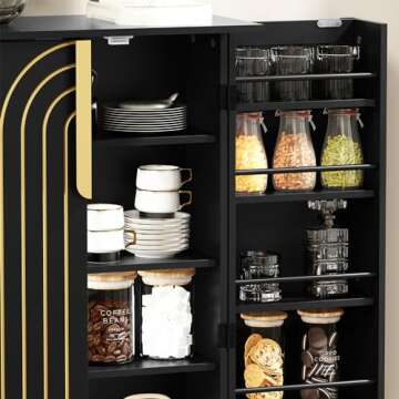 ARTPOWER 46" Black Pantry Cabinets, Food Pantry Storage Cabinet with Adjustable Shelves，Large Storage Space for Kitchen，Black and Gold