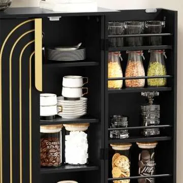 ARTPOWER 46" Black Pantry Cabinets, Food Pantry Storage Cabinet with Adjustable Shelves，Large Storage Space for Kitchen，Black and Gold