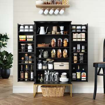 ARTPOWER 46" Black Pantry Cabinets, Food Pantry Storage Cabinet with Adjustable Shelves，Large Storage Space for Kitchen，Black and Gold