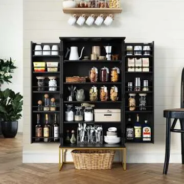 ARTPOWER 46" Black Pantry Cabinets, Food Pantry Storage Cabinet with Adjustable Shelves，Large Storage Space for Kitchen，Black and Gold