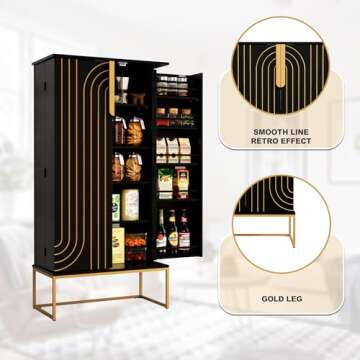 ARTPOWER 46" Black Pantry Cabinets, Food Pantry Storage Cabinet with Adjustable Shelves，Large Storage Space for Kitchen，Black and Gold