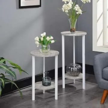 Convenience Concepts Graystone 2 Tier Tall Plant Stand 31" - Industrial Stand for Plants, Vases, and Antiques, Urban Modern Design for the Living Room, Hallway, Entryway, Faux Birch/White