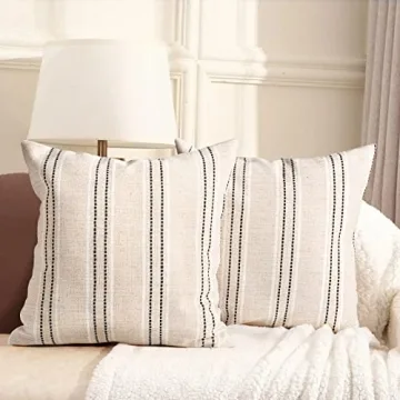 AELS 18x18 Decorative Farmhouse Linen Throw Pillow Covers, Boho Textured Pillow Case, Set of 2, Beig...
