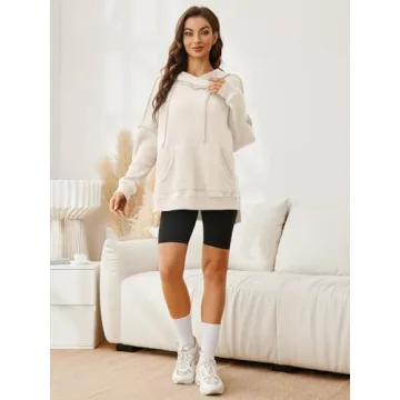 Glamaker Women's Waffle Knit Oversized Hoodies Pullover 2023 Fall Cute Trendy Hooded Sweatshirt Drawstring Casual Outfits(XL,White)