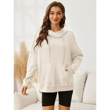 Glamaker Women's Waffle Knit Oversized Hoodies Pullover 2023 Fall Cute Trendy Hooded Sweatshirt Drawstring Casual Outfits(XL,White)