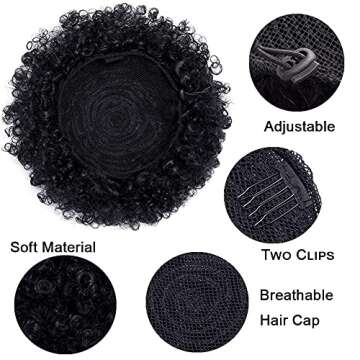 THEMIS HAIR Afro Puff Drawstring Ponytail For Black Women, High Puff Drawstring Short Ponytail Bun For Short Natural Hair, Afro Kinky Curly Ponytail Hairpieces With Clip In Color 1B