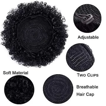 THEMIS HAIR Afro Puff Drawstring Ponytail For Black Women, High Puff Drawstring Short Ponytail Bun For Short Natural Hair, Afro Kinky Curly Ponytail Hairpieces With Clip In Color 1B