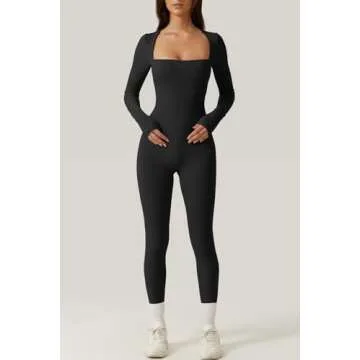 QINSEN Sexy Black Square Neck Long Sleeve Jumpsuit