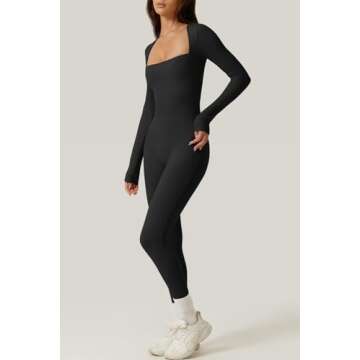 QINSEN Sexy Black Square Neck Long Sleeve Jumpsuit