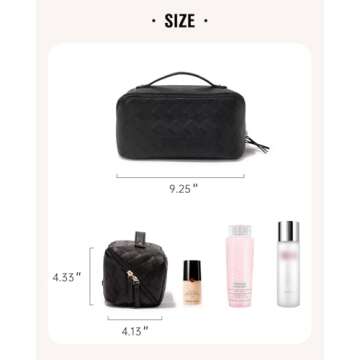 EACHY Travel Makeup Bag, Large Capacity Cosmetic Bags for Women, Waterproof Portable Open Flat Toiletry Bag Make up Bag with Divider and Handle (Checkered-Black, Medium)