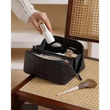 EACHY Travel Makeup Bag, Large Capacity Cosmetic Bags for Women, Waterproof Portable Open Flat Toiletry Bag Make up Bag with Divider and Handle (Checkered-Black, Medium)