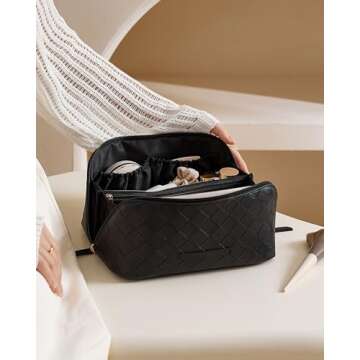 EACHY Travel Makeup Bag, Large Capacity Cosmetic Bags for Women, Waterproof Portable Open Flat Toiletry Bag Make up Bag with Divider and Handle (Checkered-Black, Medium)