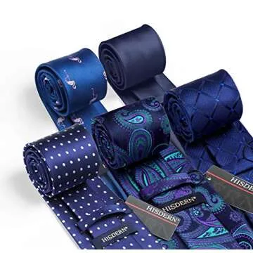 Navy Blue Necktie Lot 5 Pcs for Men Cool Ties Collections Present Box Necktie and Pocket Square Classic Business tuxedo Wedding Tie Handkerchief Set