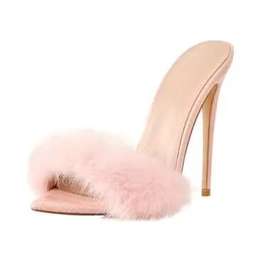 Richealnana Sexy Stiletto High Heels for Women Genuine Feather Mules with Pointy Open Toe Party Dress Heel Shoes Pink Size 6