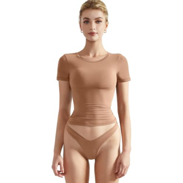 SUUKSESS Women Double Lined Fitted Basic Tee Shirts Crew Neck Short Sleeve Y2K Going Out Crop Tops