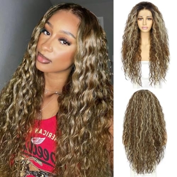 SAPPHIREWIGS Long Curly Wig Synthetic Lace Front Wig Brown with Blonde Highlight Wig Pre-plucked Hai...