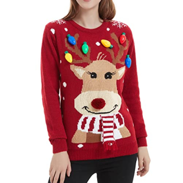 Women's Ugly Christmas Sweater Reindeer Light Up Pullover Cardigan Jumper