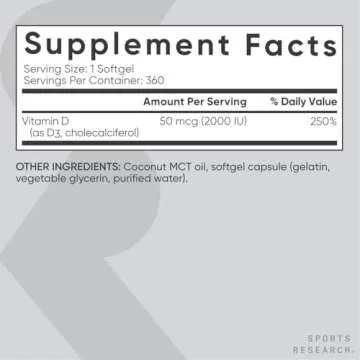 Sports Research Vitamin D3 2000 IU with Coconut MCT Oil - High Potency Vitamin D Supplement for Immune & Bone Support - Non-GMO Verified, Gluten & Soy Free – 50mcg, 360 Liquid Softgels