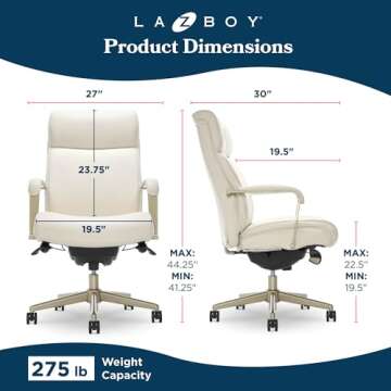 La-Z-Boy Melrose Executive Office, Adjustable High Back Ergonomic Computer Chair with Lumbar Support, Brass Finish, Ivory White Bonded Leather 30D x 25.25W x 40.25H Inch