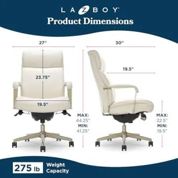 La-Z-Boy Melrose Executive Office, Adjustable High Back Ergonomic Computer Chair with Lumbar Support, Brass Finish, Ivory White Bonded Leather 30D x 25.25W x 40.25H Inch