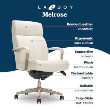 La-Z-Boy Melrose Executive Office, Adjustable High Back Ergonomic Computer Chair with Lumbar Support, Brass Finish, Ivory White Bonded Leather 30D x 25.25W x 40.25H Inch